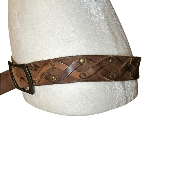 Brown Leather Belt Braided Design Gold Buckle Medium - Picture 4 of 10